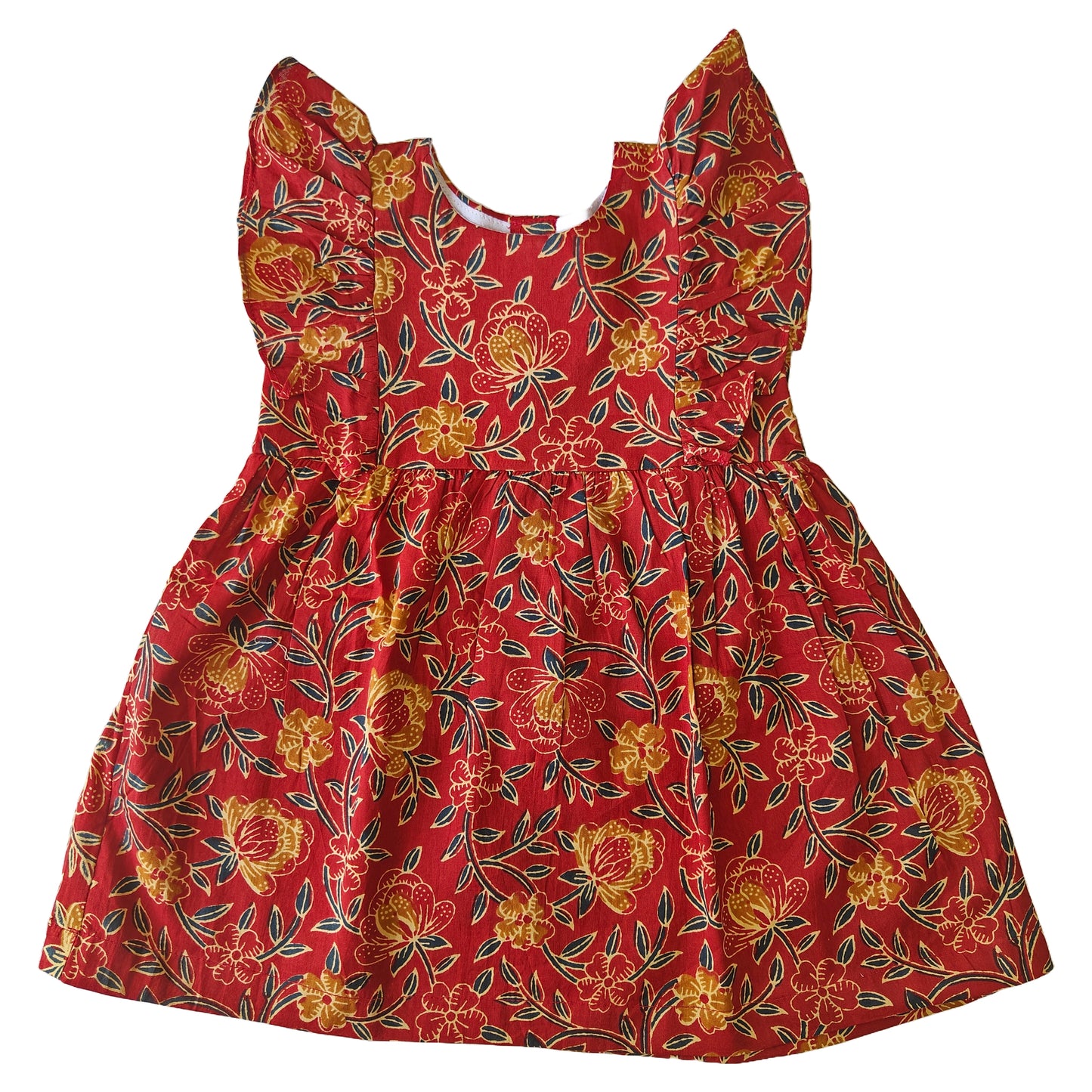 Deep Red Flower Print Cotton Dress