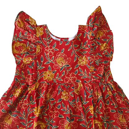 Deep Red Flower Print Cotton Dress