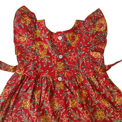 Deep Red Flower Print Cotton Dress