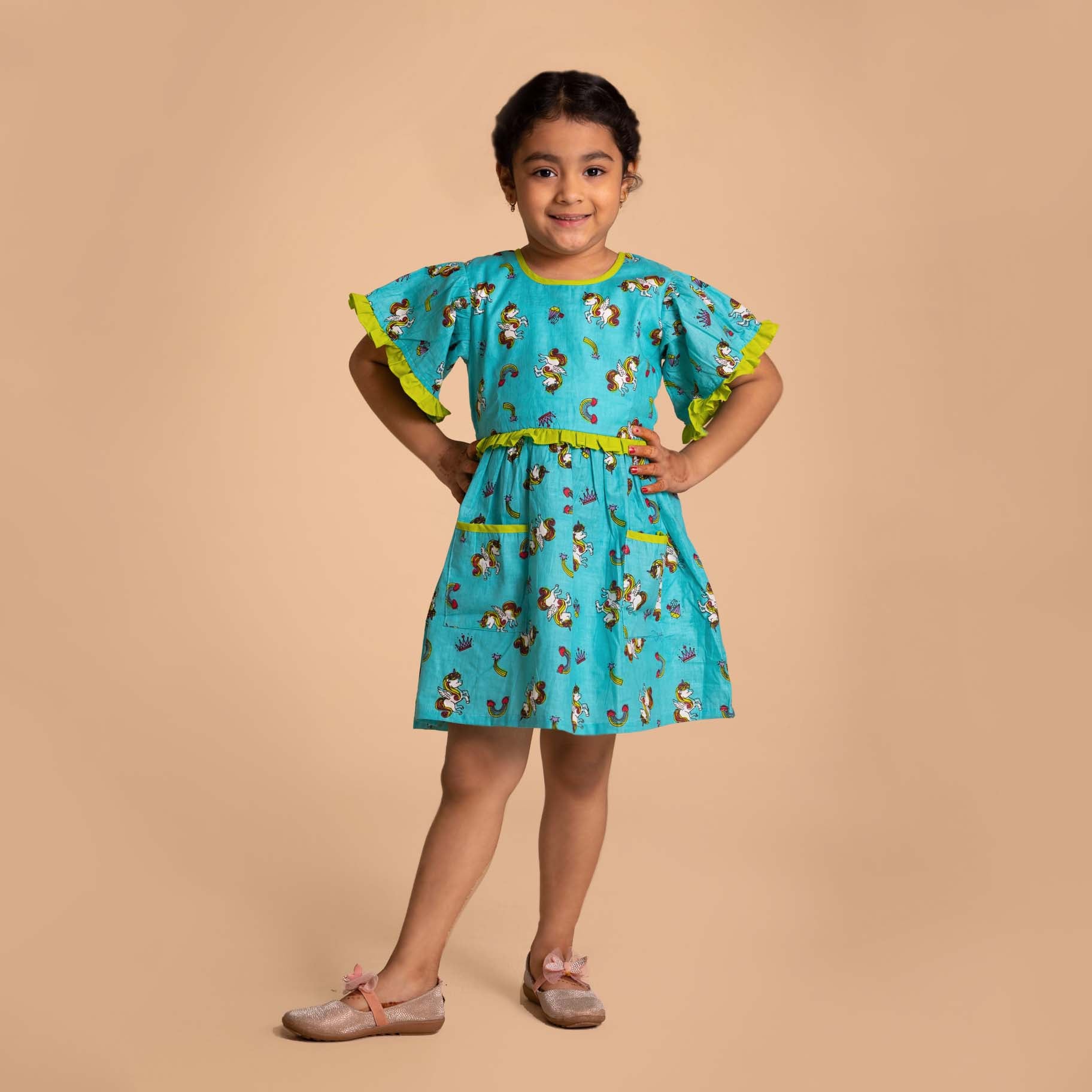 Blue Green Unicorn Print Dress