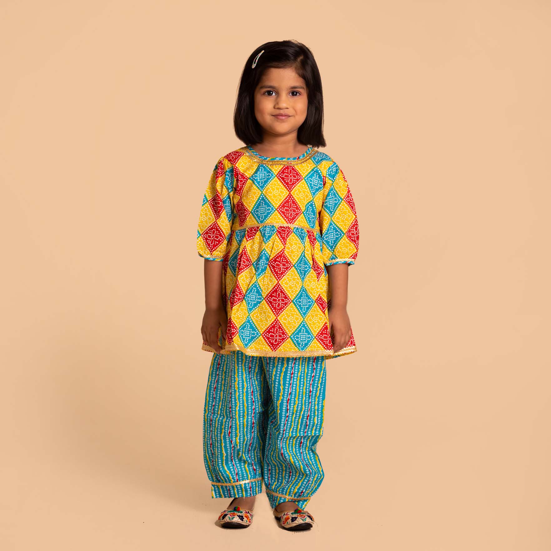 Yellow-Blue Puff Sleeves Salwar Kurti Sets